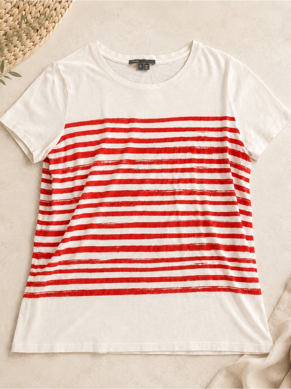 Vince 100% Pima Cotton Red + White Striped Tee | Size Small